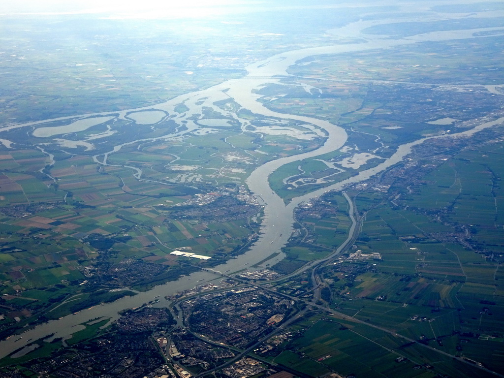 The city of Gorinchem and the Biesbosch area, viewed from the airplane from Amsterdam