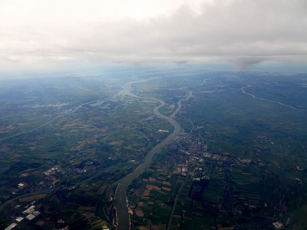 The city of Gorinchem and the Biesbosch area, viewed from the airplane from Amsterdam