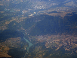 The Rhône river, the Fort l`Ecluse and the towns of Collonges and Bellegarde-sur-Valserine, viewed from the airplane from Amsterdam