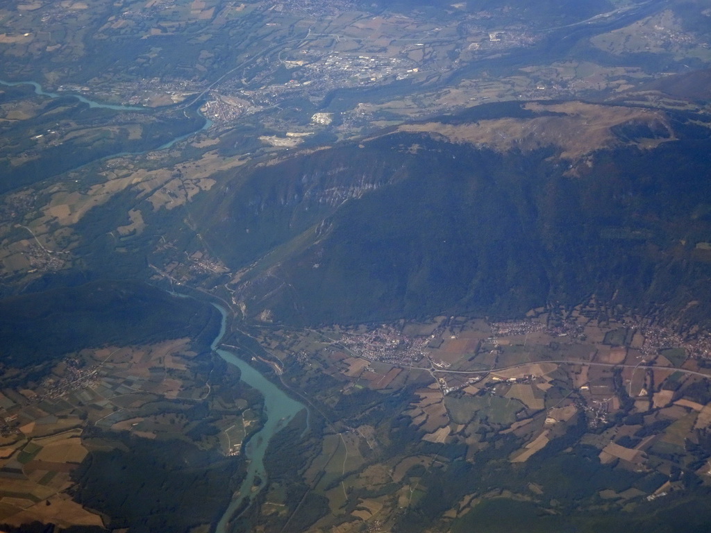 The Rhône river, the Fort l`Ecluse and the towns of Collonges and Bellegarde-sur-Valserine, viewed from the airplane from Amsterdam