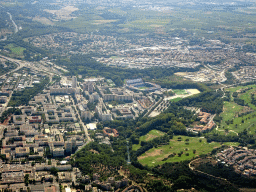 The west side of the city with the Stade de la Mosson stadium and the Golf Resort Montpellier Fontcaude, viewed from the airplane from Amsterdam