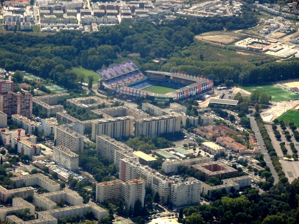 The Stade de la Mosson stadium, viewed from the airplane from Amsterdam