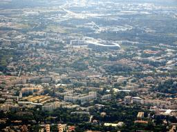 The southwest side of the city with the Altrad Stadium, viewed from the airplane from Amsterdam