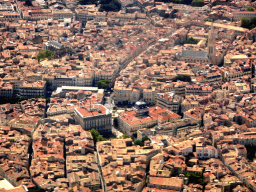 The city center with the Église Sainte Anne church, the Église Saint Roch church and the Préfecture de l`Hérault building, viewed from the airplane from Amsterdam