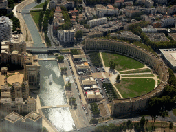Fountain in the Lez river and the Esplanade de l`Europe square, viewed from the airplane from Amsterdam