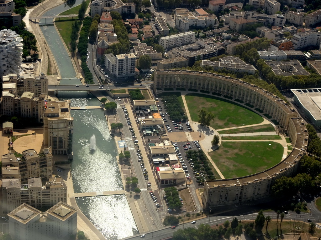 Fountain in the Lez river and the Esplanade de l`Europe square, viewed from the airplane from Amsterdam