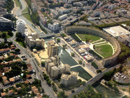 Fountain in the Lez river and the Esplanade de l`Europe square, viewed from the airplane from Amsterdam