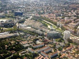 The east side of the city with the Lez river and the Inset De Montpellier building and the Interuniversity Library of Montpellier, viewed from the airplane from Amsterdam