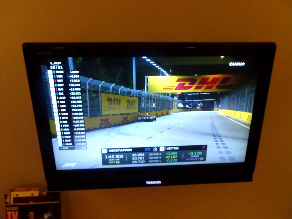 Television showing a Formula 1 race in Tim`s room at the Hotel Mercure Montpellier Centre Comédie