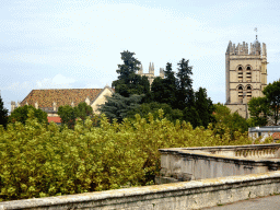 The tower and roof of the Montpellier Cathedral, viewed from the Promenade du Peyrou