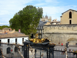 Northeast gate to the Promenade du Peyrou and the towers of the Montpellier Cathedral