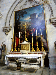 Altar and painting `Christ handing Saint Peter the keys of the kingdom of heaven` by Antoine Ranc and Jean Charmeton at the left transept of the Montpellier Cathedral