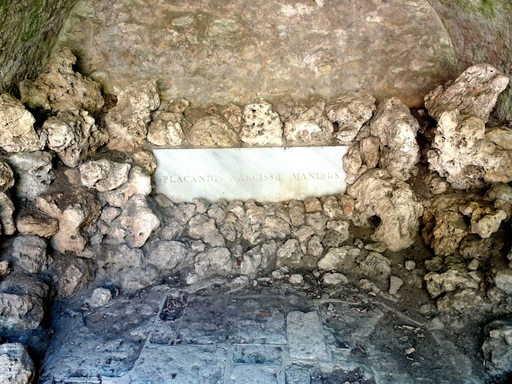 Stone with inscription `Placandis Narcissae Manibus` at the Cenotaph of Narcissa at the east side of the Jardin des Plantes gardens