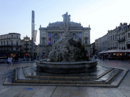 The Three Graces Fountain and the front of the Opéra National de Montpellier at the Place de la Comédie square, at sunset