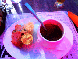 Soup at the terrace of the Le Yam`s restaurant at the Place de la Comédie square