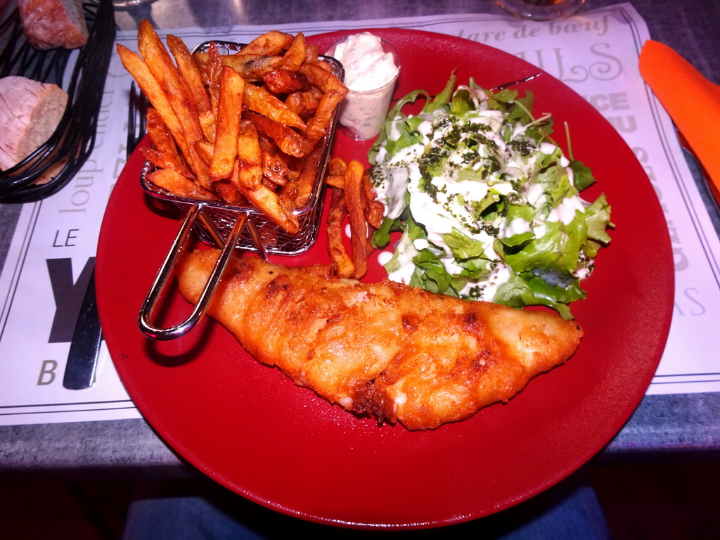 Fish and chips at the terrace of the Le Yam`s restaurant at the Place de la Comédie square