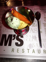 Dessert at the terrace of the Le Yam`s restaurant at the Place de la Comédie square