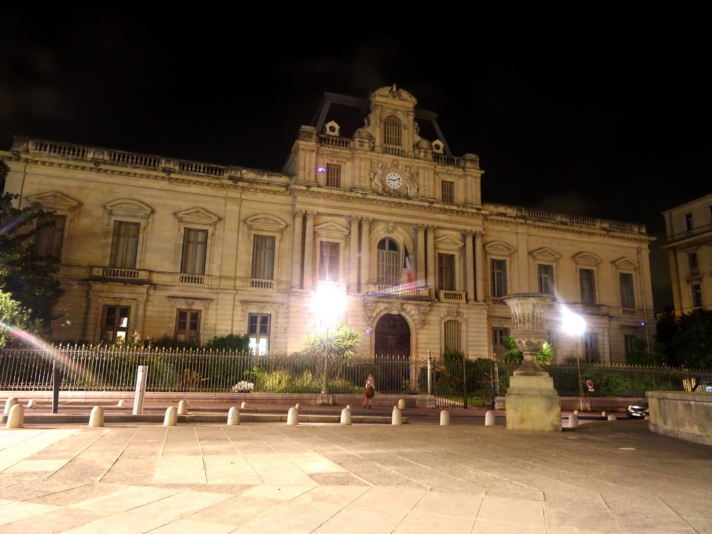 Front of the Préfecture de l`Hérault building at the Place Martyrs de la Résistance square, by night
