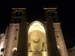 Towers of the Montpellier Cathedral, viewed from the Rue de l`École de Médecine street, by night