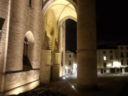 Gate at the front of the Montpellier Cathedral at the Rue de l`École de Médecine street, by night