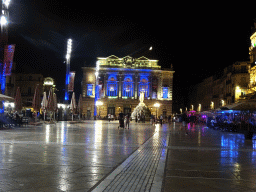 The Place de la Comédie square with the Three Graces Fountain and the front of the Opéra National de Montpellier, by night