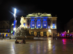 The Three Graces Fountain and the front of the Opéra National de Montpellier at the Place de la Comédie square, by night