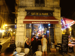 Front of the Bouchon Saint Roch restaurant at the Rue du Plan d`Agde street, by night