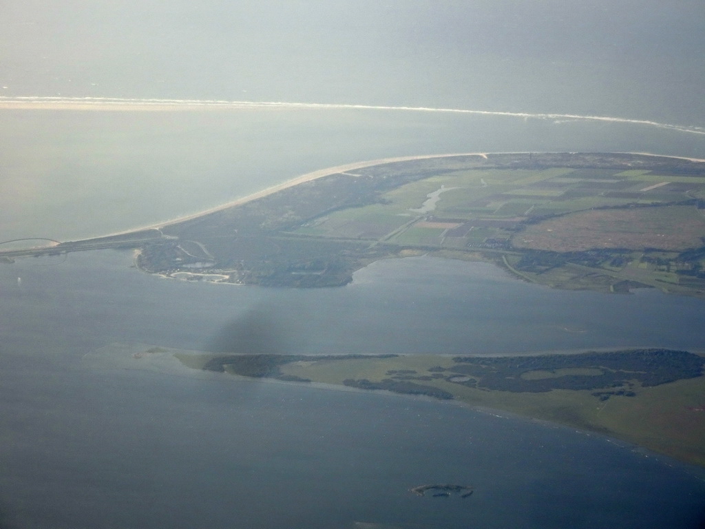 The Grevelingenmeer lake and the islands of Goeree-Overflakkee and Hompelvoet, viewed from the airplane to Amsterdam