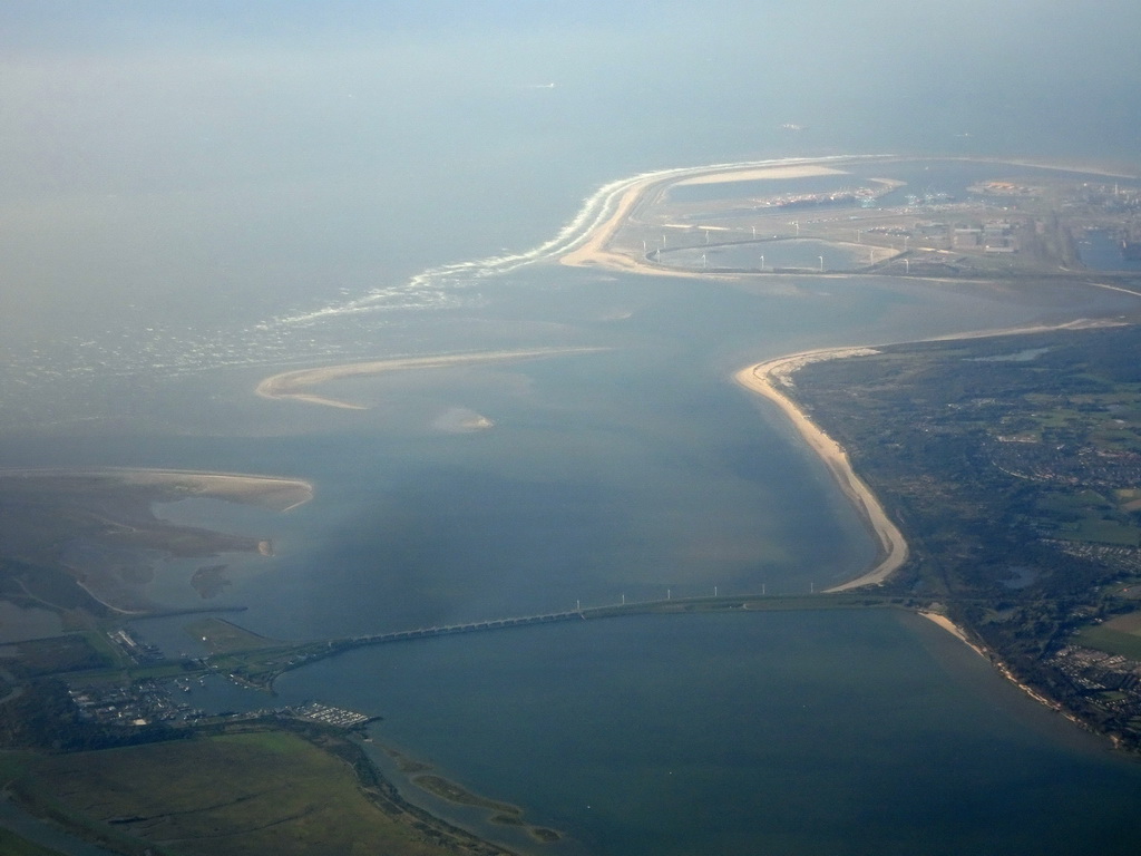 The Maasvlakte area of Rotterdam, the town of Stellendam and the Haringvlietdam, viewed from the airplane to Amsterdam