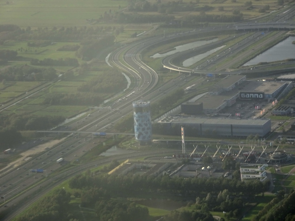The A2 highway, the Fletcher Hotel and surroundings at Amsterdam, viewed from the airplane to Amsterdam