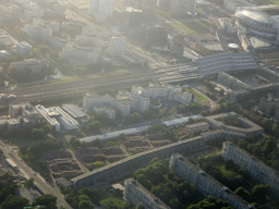 The Bijlmer area, the Amsterdam Bijlmer Arena Railway Station, the Johan Cruijff ArenA and surroundings at Amsterdam, viewed from the airplane to Amsterdam