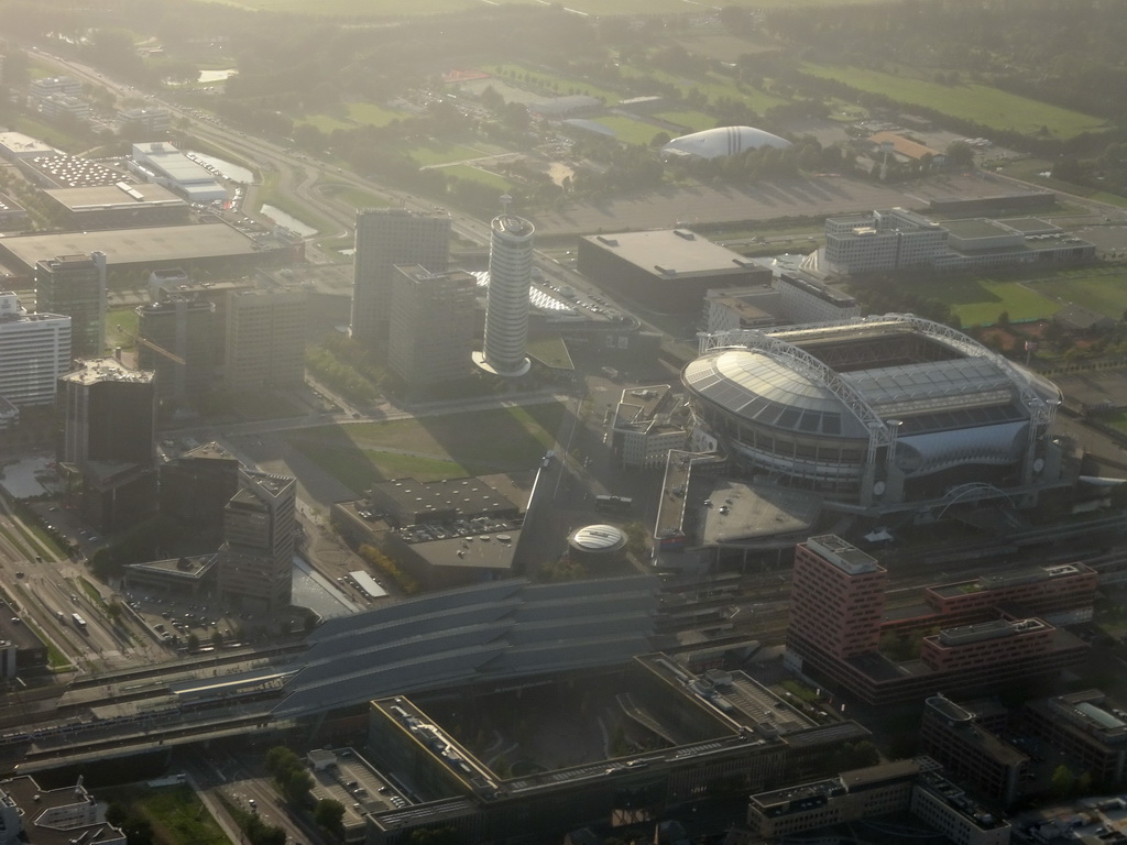 The Johan Cruijff ArenA, Ziggo Dome and surroundings at Amsterdam, viewed from the airplane to Amsterdam