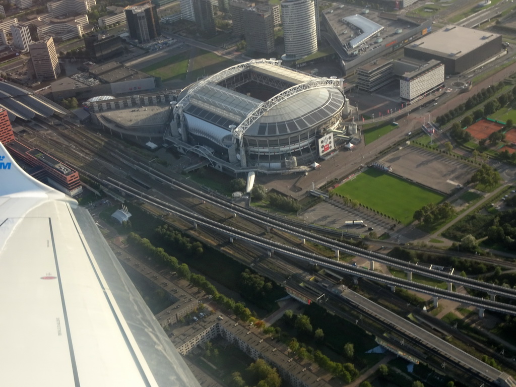 The Johan Cruijff ArenA, Ziggo Dome and surroundings at Amsterdam, viewed from the airplane to Amsterdam