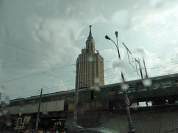 The Hilton Moscow Leningradskaya Hotel, viewed from the taxi from the railway station to the hotel, at the Komsomolskaya square