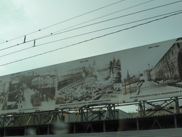 Old photographs of the Moscow Kremlin at the site of the demolished Rossiya Hotel, viewed from the taxi from the railway station to the hotel, at the Moskvoretskaya street