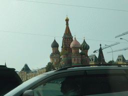 Saint Basil`s Cathedral at the Red Square, viewed from the taxi from the railway station to the hotel, at the Kremlevskaya street