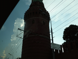 The Beklemishevskaya Tower of the Moscow Kremlin, viewed from the taxi from the railway station to the hotel, at the Kremlevskaya street