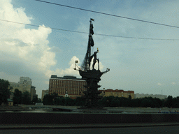 The Peter the Great Statue in the Moskva River, viewed from the taxi from the railway station to the hotel, at the Prechistenskaya embankment