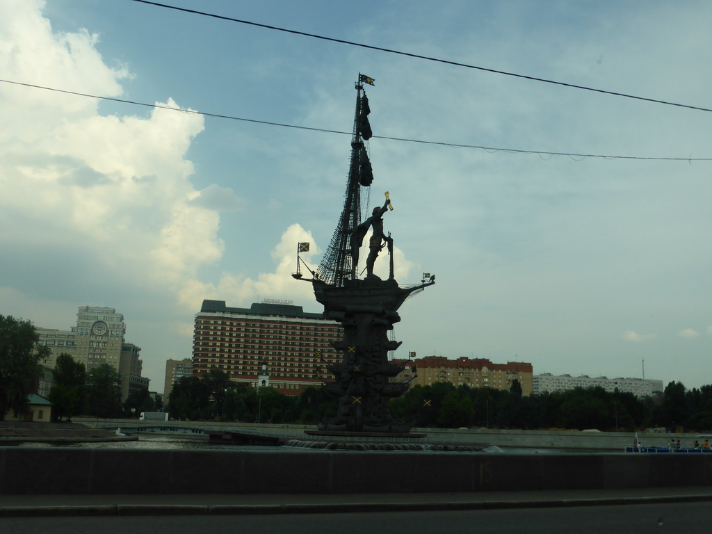 The Peter the Great Statue in the Moskva River, viewed from the taxi from the railway station to the hotel, at the Prechistenskaya embankment
