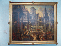 Painting `Solomon and the Queen of Sheba` by Hans Vredeman de Vries, at Room 8: The Art of Germany and the Netherlands of the 15th-16th centuries at the Ground Floor of the Pushkin Museum of Fine Arts, with explanation