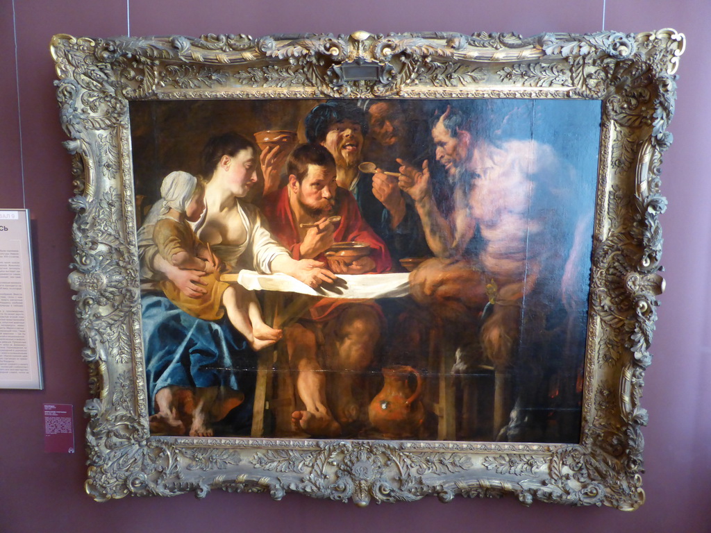 Painting `The Satyr and the Peasant` by Jacob Jordaens, at Room 9: The Art of Flanders of the 17th century at the Ground Floor of the Pushkin Museum of Fine Arts, with explanation