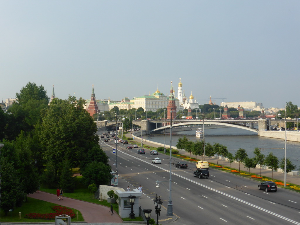 The Moscow Kremlin and the Bolshoy Kamenny bridge over the Moskva river, viewed from the east side of the square around the Cathedral of Christ the Saviour