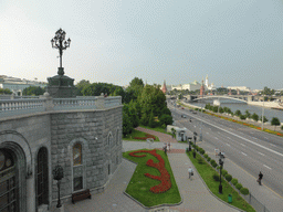 The Prechistenskaya embankment, the Moscow Kremlin and the Bolshoy Kamenny bridge over the Moskva river, viewed from the east side of the square around the Cathedral of Christ the Saviour