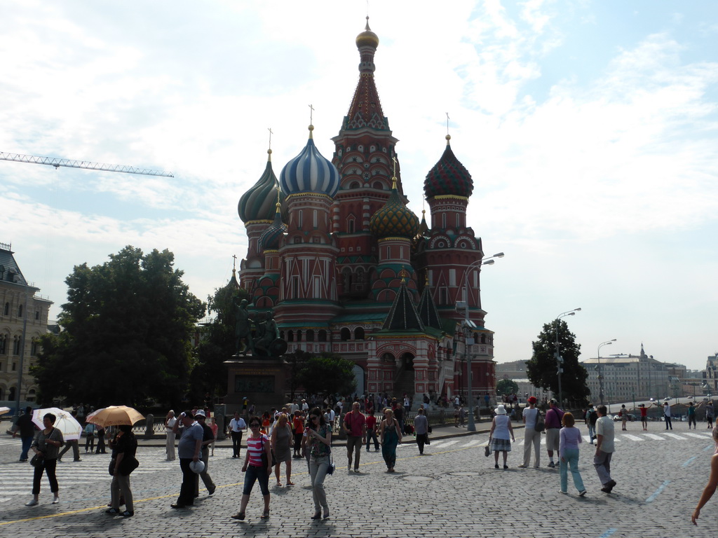 The Red Square with the front of Saint Basil`s Cathedral and the Monument to Minin and Pozharsky