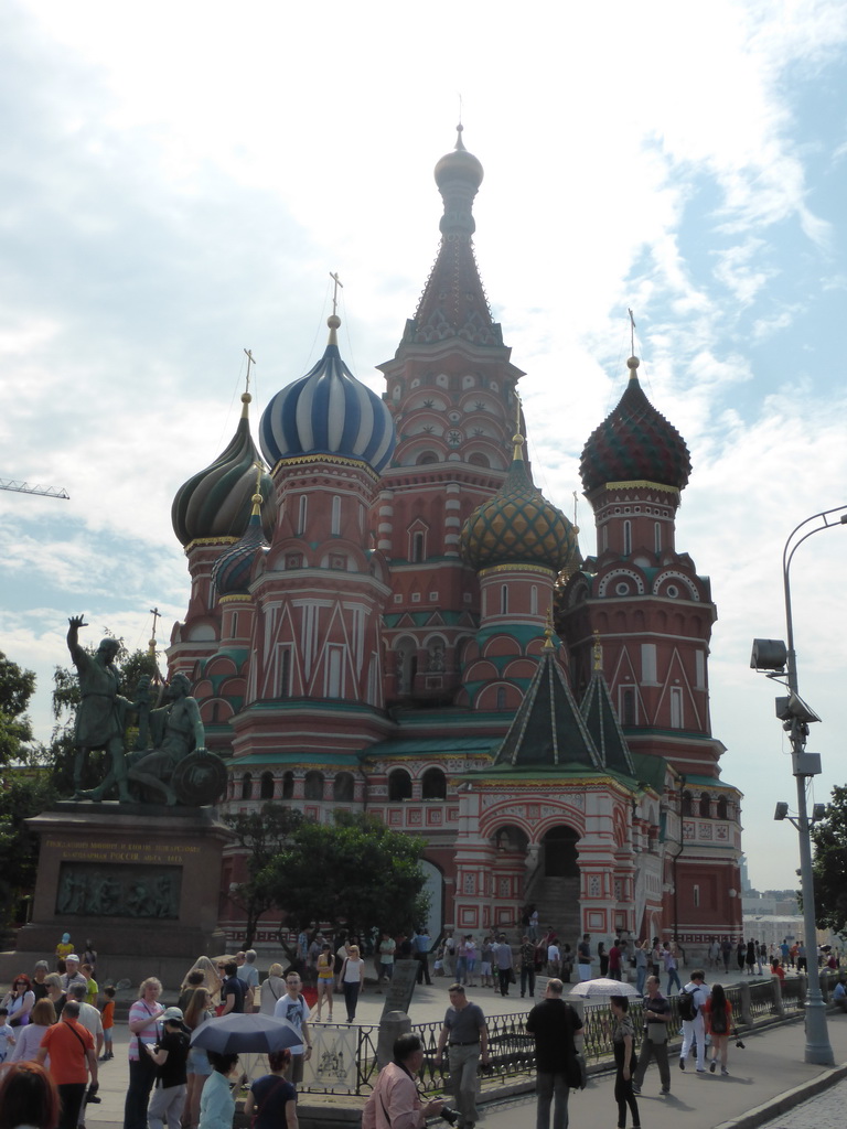 The front of Saint Basil`s Cathedral and the Monument to Minin and Pozharsky at the Red Square