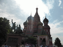 The front of Saint Basil`s Cathedral and the Monument to Minin and Pozharsky at the Red Square