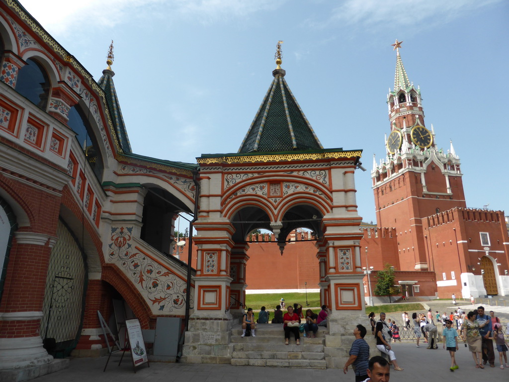 Front staircase of Saint Basil`s Cathedral and the Moscow Kremlin at the Red Square