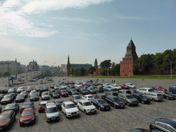 Parking place at the back side of Saint Basil`s Cathedral, the Moscow Kremlin and the Bolshoy Moskvoretsky bridge over the Moskva river