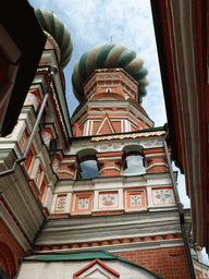 Towers at Saint Basil`s Cathedral, viewed from the inner square