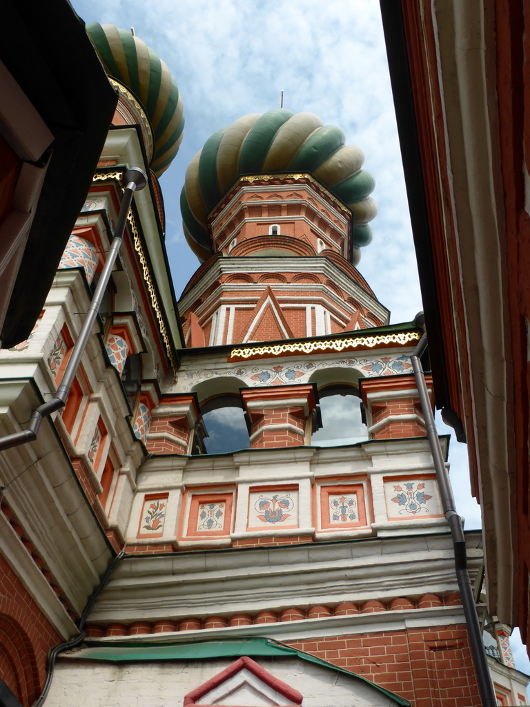 Towers at Saint Basil`s Cathedral, viewed from the inner square